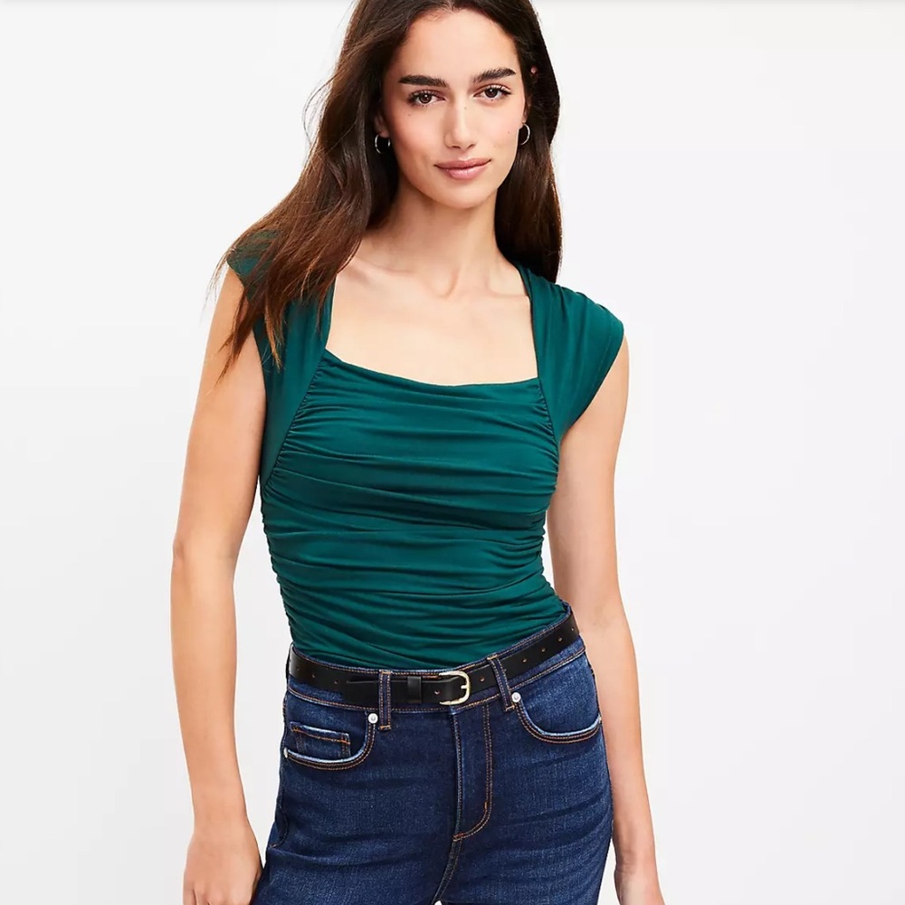 LOFT Sage Green Shirred Cap Sleeve Square Neck Top $55 XS NWT KL